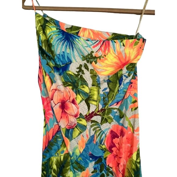 Farm Rio Dress L Orange Tropical Hi Lo Maxi One Shoulder Strap Blue Side Split G - Picture 2 of 15